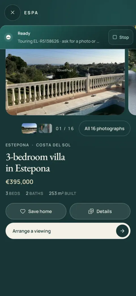The home open on a phone, with a small card above it saying Espa is ready
