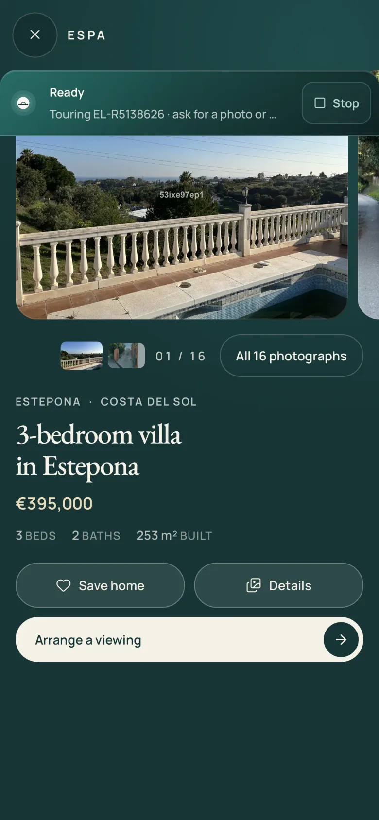 The home open on a phone, with a small card above it saying Espa is ready