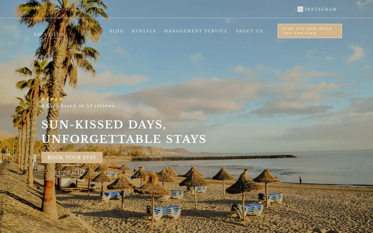 The old Espa Living rentals home page: beach umbrellas at sunset and a Book your stay button