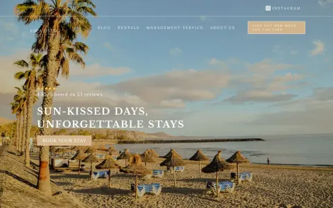 The old Espa Living rentals home page: beach umbrellas at sunset and a Book your stay button