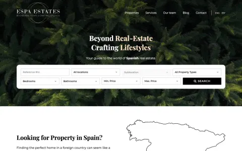 The old Espa Estates sales home page: a palm canopy, a headline and a property search form
