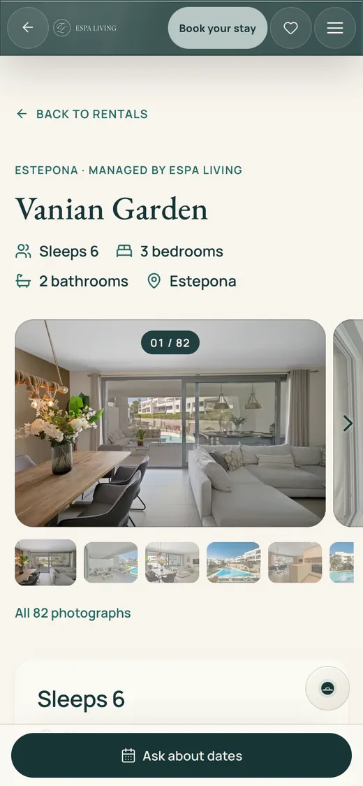 A holiday home on a phone: Vanian Garden in Estepona, sleeps six, its photographs and Ask about dates under the thumb