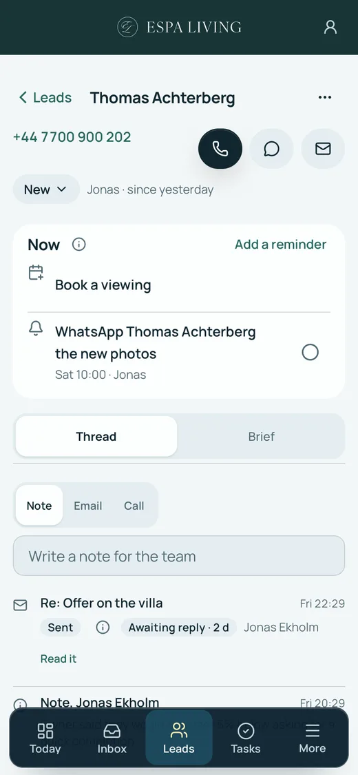 Made up for this page: one lead on a phone, with what is due now, the notes and the emails