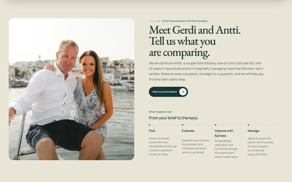 The Espa Living founders section at a desk: the two founders on a boat beside the invitation to tell them what you are comparing, and a button to start a conversation