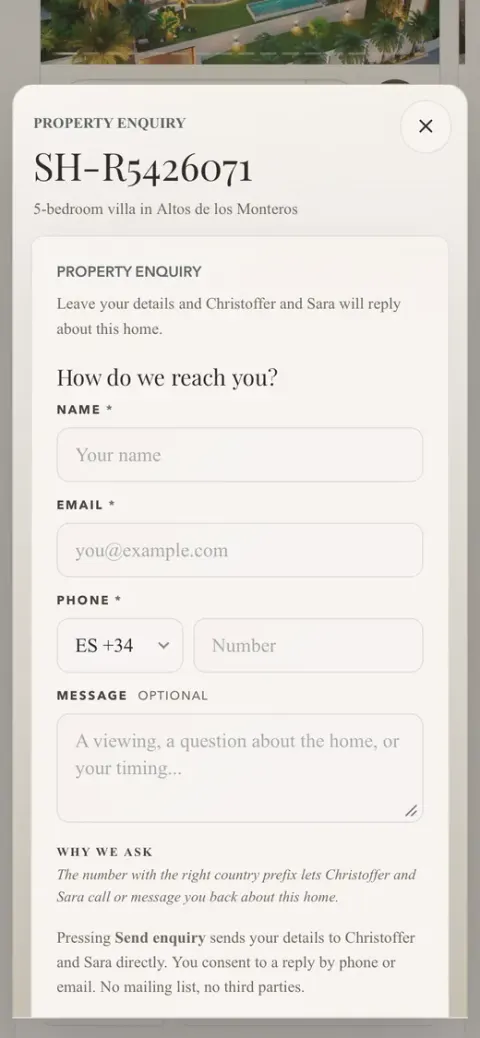 The enquiry for that home on a phone: How do we reach you, with name, email, phone and a message