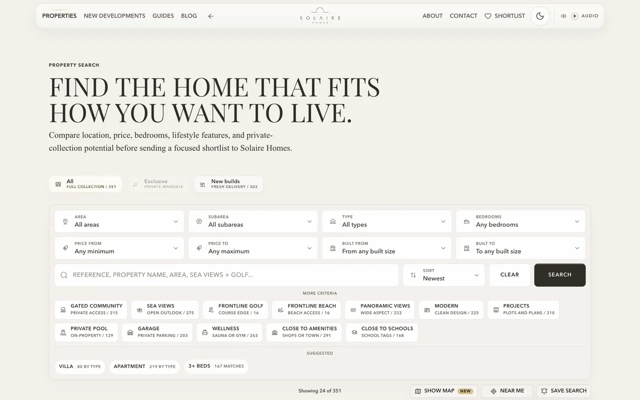 The property search on solairehomes.com on a laptop: Find the home that fits how you want to live, with its filters