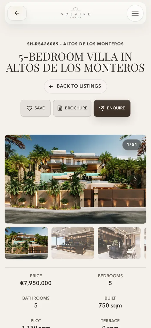 A home for sale on solairehomes.com on a phone: a five-bedroom villa, its photographs, Save, Brochure and Enquire, the price and its facts
