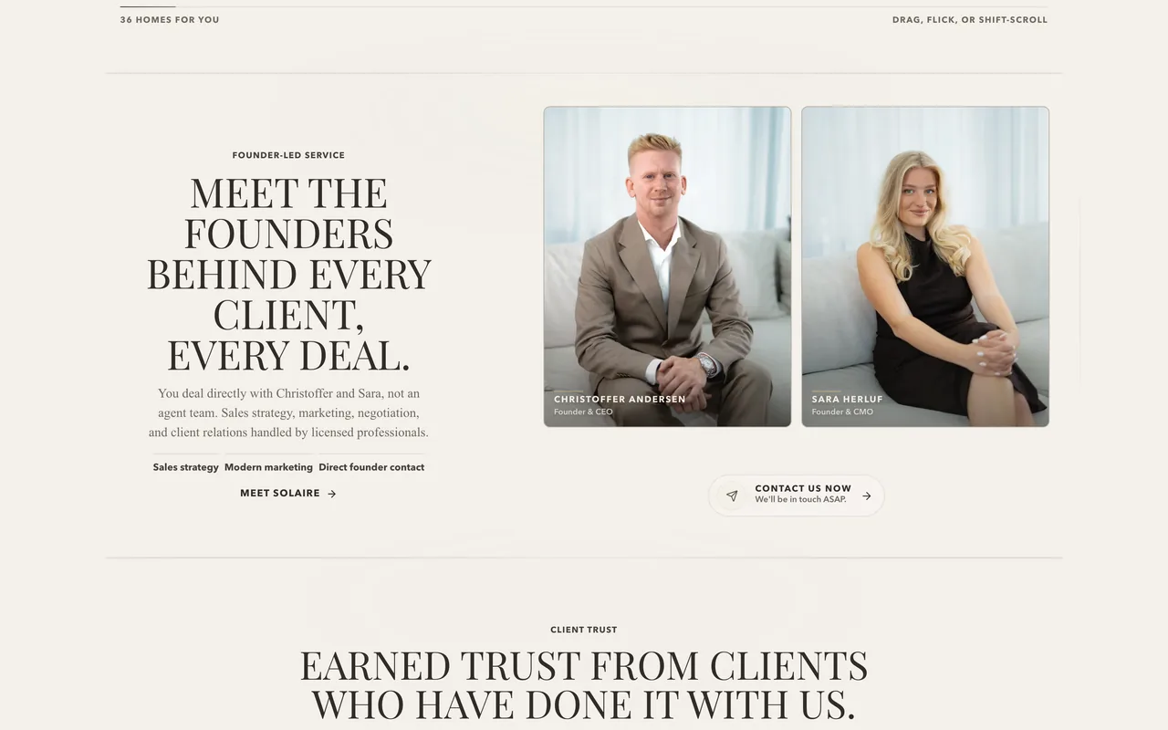 The Solaire Homes founders section at a desk: the line Meet the founders behind every client, every deal, beside portraits of the two founders