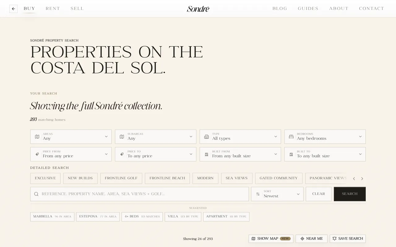 The property search on sondrehomes.com on a laptop: Properties on the Costa del Sol, the full collection and its filters