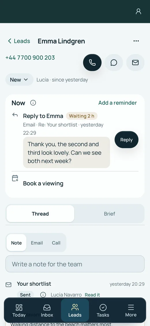 Made up for this page: one lead on a phone, with what is due now, the notes and the emails
