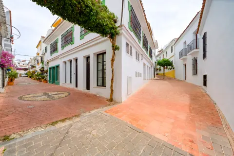 A narrow street of white houses with flowers and red paving