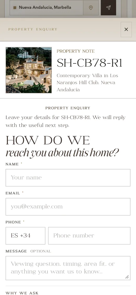 The enquiry for that home on a phone: How do we reach you about this home, with name, email, phone and a message