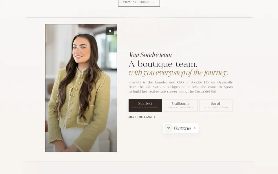 The Sondré Homes team section at a desk: the founder’s portrait beside the line A boutique team, with you every step of the journey, and the team to choose from