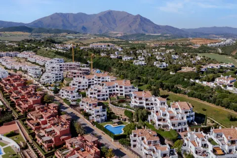 White and terracotta homes from the air, a mountain on the horizon